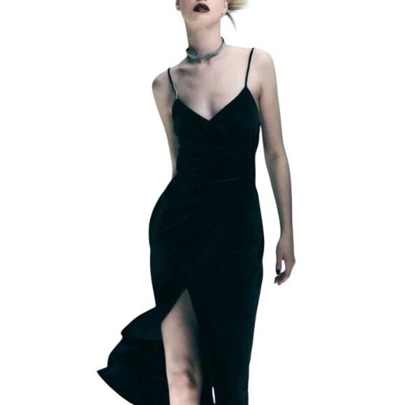 Zara Womens Velvet Midi Dress Size M Black draped Vneck Cocktail 9246/617 NWT - Picture 2 of 12